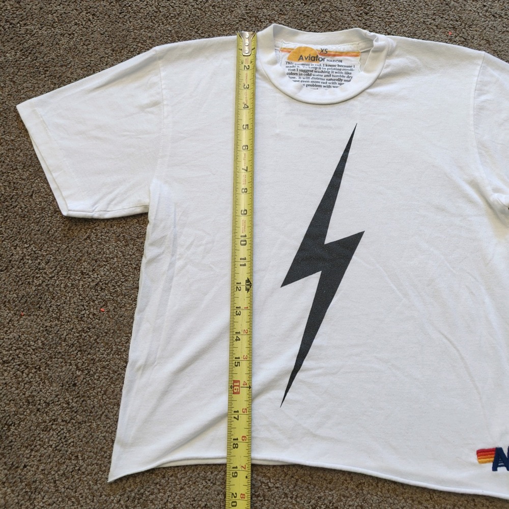 Aviator Nation Womens White Lightning Bolt Graphic T-Shirt Raw Hem XS USA Made - Picture 7 of 9
